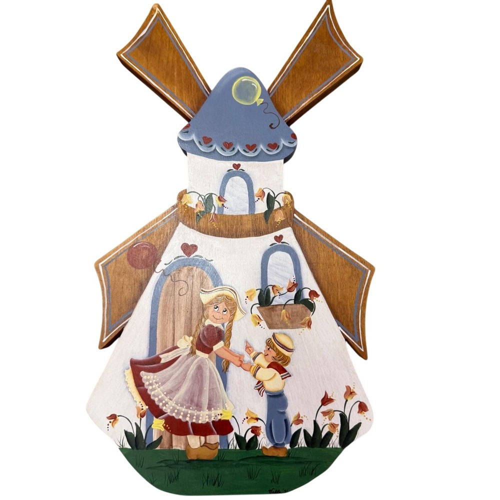 Vintage 1991 Hand Painted Dutch Windmill Wood Wall Art Signed Vella Folk Art
